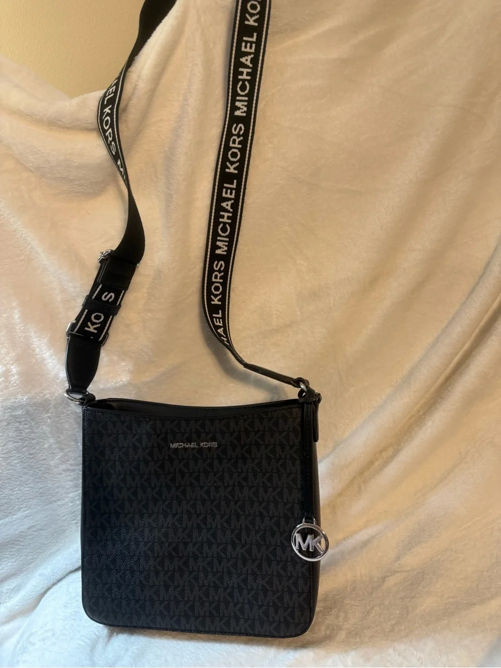 Michael Kors Black Logo Messenger Crossbody Bag with MK Charm and Guitar Strap